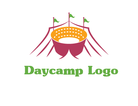 circus tent with flags around event logo