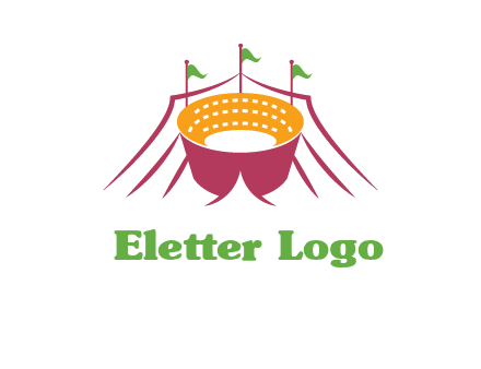 circus tent with flags around event logo