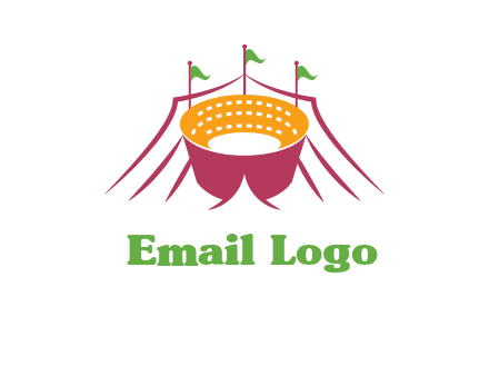 circus tent with flags around event logo