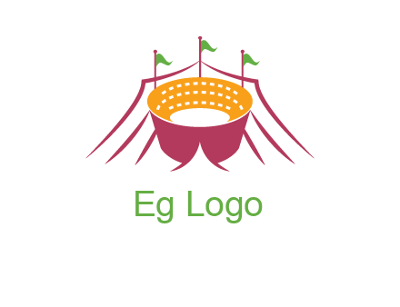 circus tent with flags around event logo
