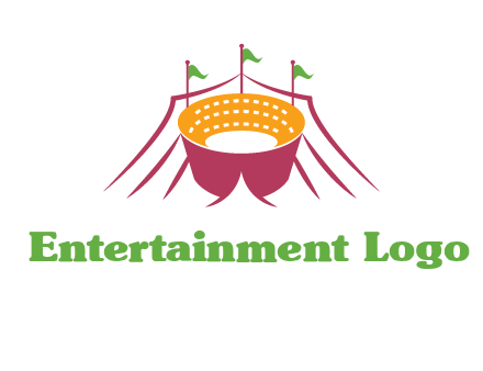 circus tent with flags around event logo