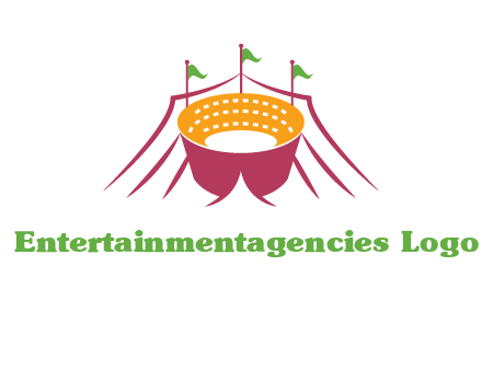 circus tent with flags around event logo