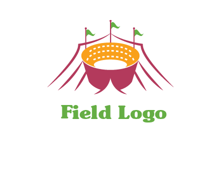 circus tent with flags around event logo