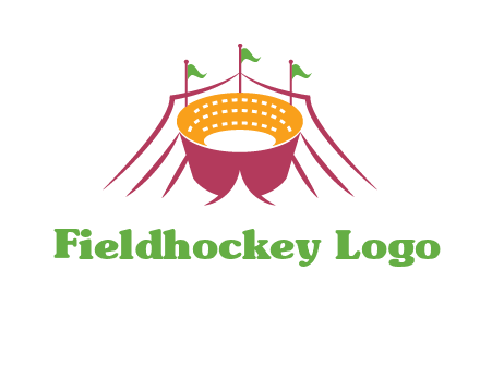 circus tent with flags around event logo