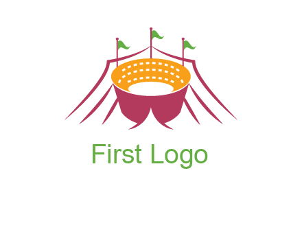 circus tent with flags around event logo