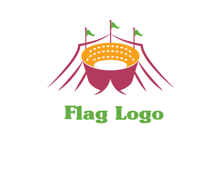circus tent with flags around event logo