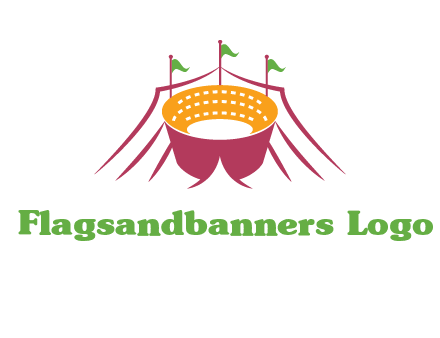 circus tent with flags around event logo