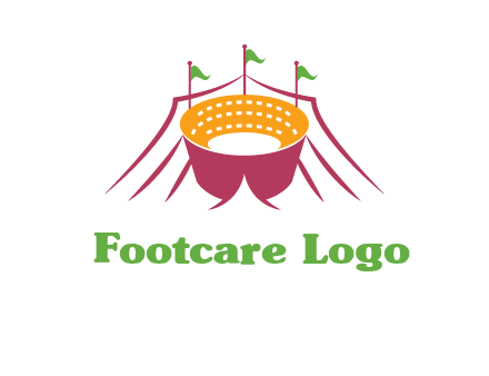 circus tent with flags around event logo