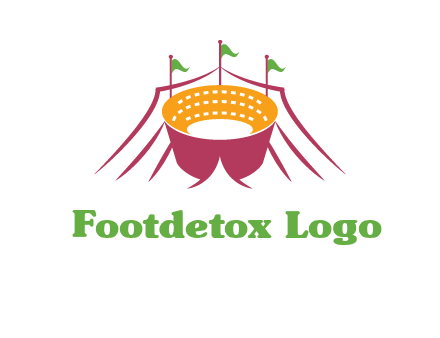 circus tent with flags around event logo