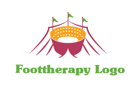 circus tent with flags around event logo