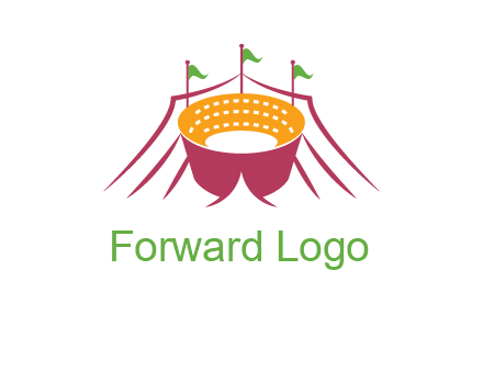 circus tent with flags around event logo