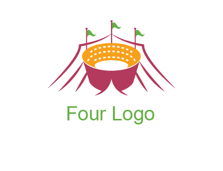 circus tent with flags around event logo