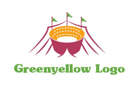 circus tent with flags around event logo