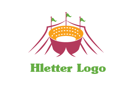 circus tent with flags around event logo