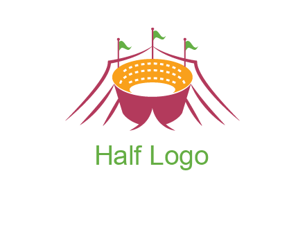 circus tent with flags around event logo