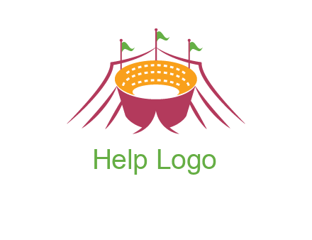 circus tent with flags around event logo