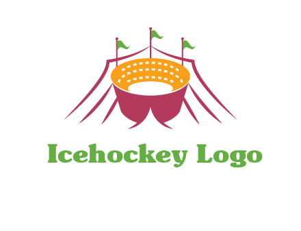 circus tent with flags around event logo