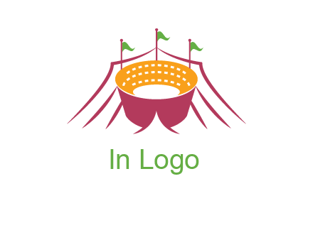 circus tent with flags around event logo