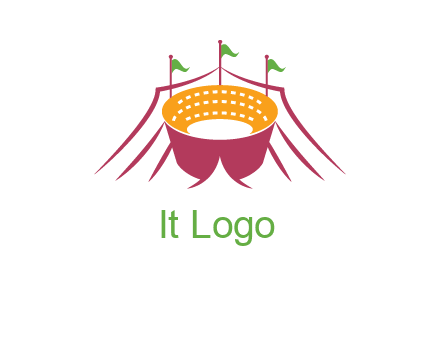 circus tent with flags around event logo