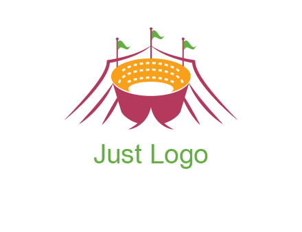 circus tent with flags around event logo