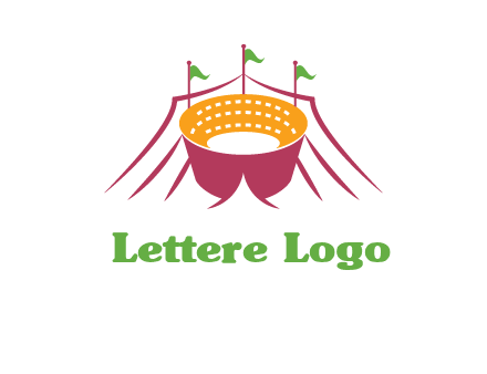 circus tent with flags around event logo