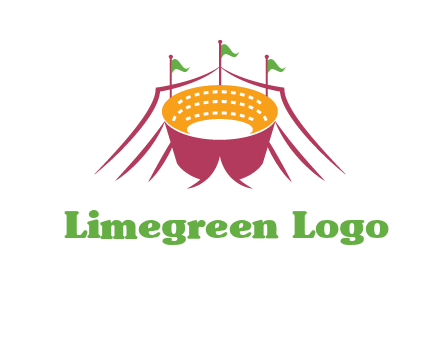 circus tent with flags around event logo