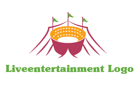 circus tent with flags around event logo
