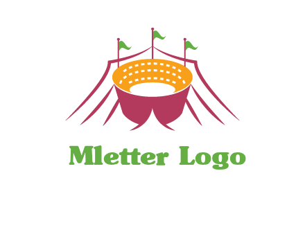 circus tent with flags around event logo
