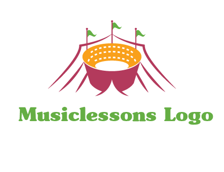 circus tent with flags around event logo