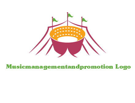 circus tent with flags around event logo