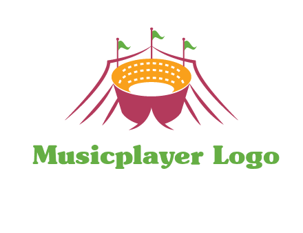 circus tent with flags around event logo