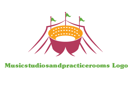 circus tent with flags around event logo