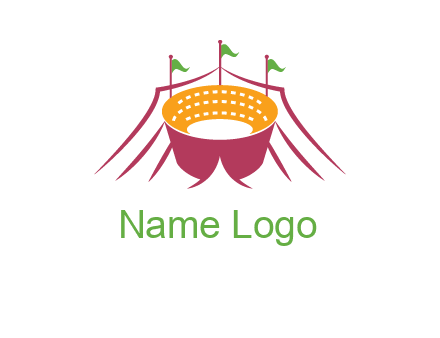 circus tent with flags around event logo