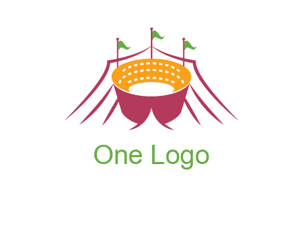 circus tent with flags around event logo