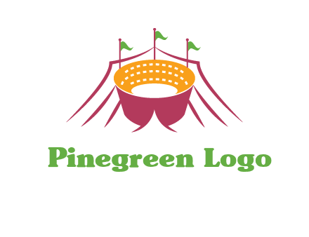 circus tent with flags around event logo