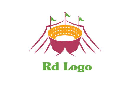 circus tent with flags around event logo