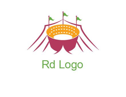 circus tent with flags around event logo