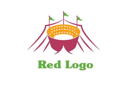 circus tent with flags around event logo