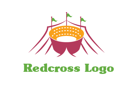 circus tent with flags around event logo