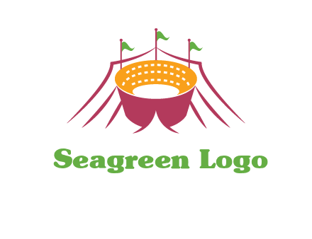 circus tent with flags around event logo