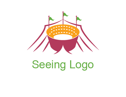 circus tent with flags around event logo