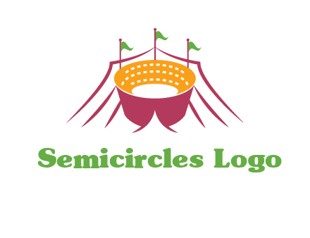 circus tent with flags around event logo