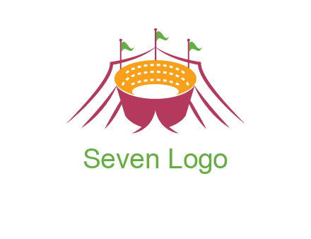 circus tent with flags around event logo