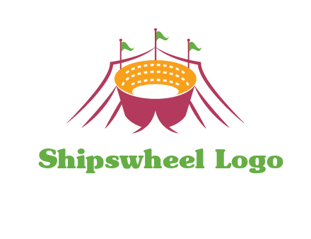 circus tent with flags around event logo