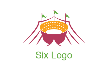 circus tent with flags around event logo