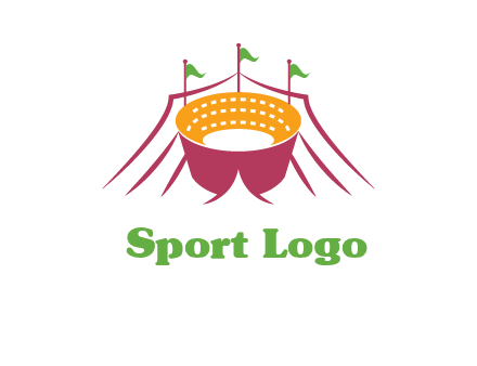 circus tent with flags around event logo