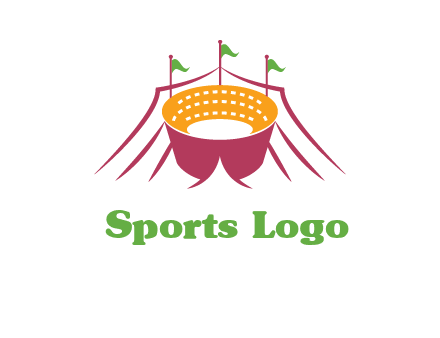 circus tent with flags around event logo