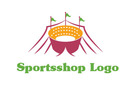 circus tent with flags around event logo