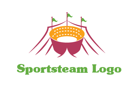 circus tent with flags around event logo