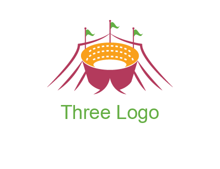 circus tent with flags around event logo